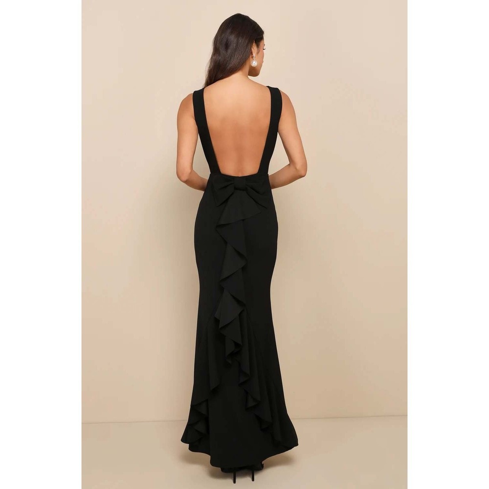 Lulus Exquisite Refinement Black Backless Bow Ruffled Maxi Dress Size XS - Picture 6 of 9